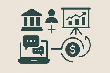 Financial technology ecosystem integrating data analysis communication channels with banking institutions and growth metrics driving strategic investment decisions