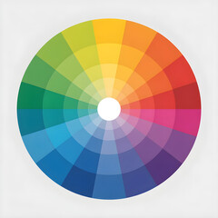 Obraz premium Detailed chromatic color wheel divided into evenly spaced segments, blending warm and cool tones in a seamless radial gradient, modern digital illustration on pure white background