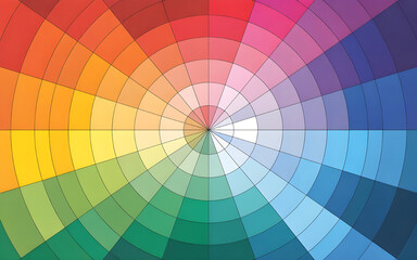 Obraz premium Detailed chromatic color wheel divided into evenly spaced segments, blending warm and cool tones in a seamless radial gradient, modern digital illustration on pure white background