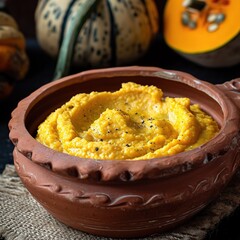 A dish with creamy yellow pumpkin puree served in a clay bowl, a rustic-style pot with a textured rim, with various autumn pumpkins, courgettes in the background.