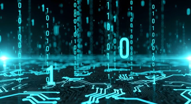 Digital Binary Code Flowing Over Futuristic Circuit Board.