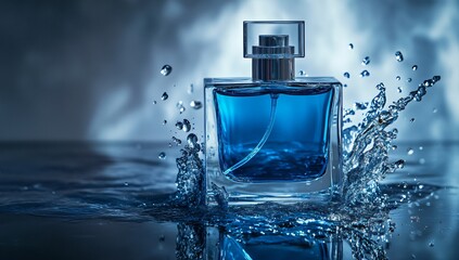 Elegant blue perfume bottle with water splash for a refreshing fragrance campaign or captivating beauty advertisement that evokes luxury and cleanliness