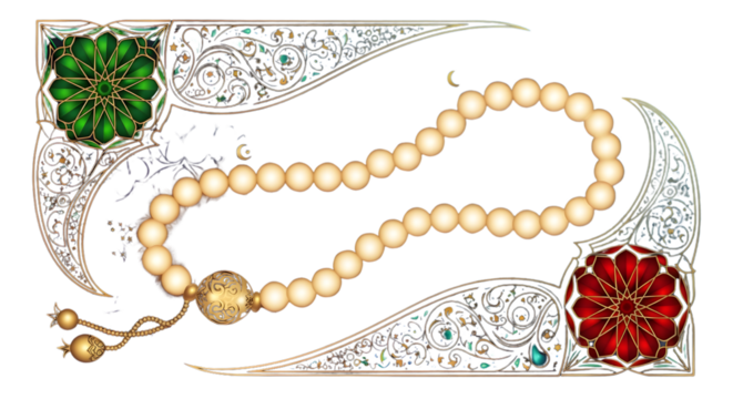 Islamic prayer beads with ornate frame and geometric patterns ramadan