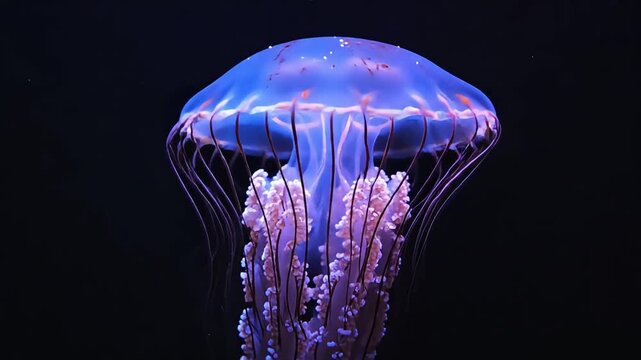 Majestic jellyfish with a glowing blue bell and long trailing tentacles slowly swimming against a deep black background, perfect for nature documentaries and science education visuals.