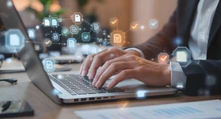 Streamlining workflow with digital document management, a professional using a laptop for efficient data processing and automation, business solutions online