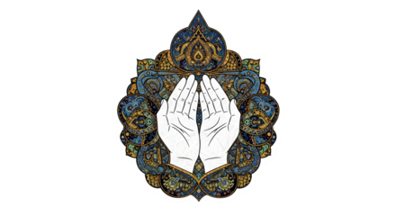 Stylized praying hands with intricate golden blue spiritual mandala