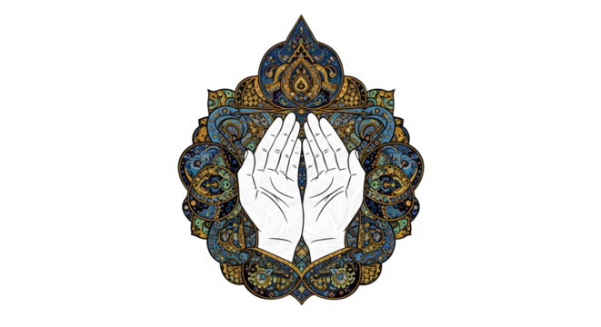 Stylized praying hands with intricate golden blue spiritual mandala