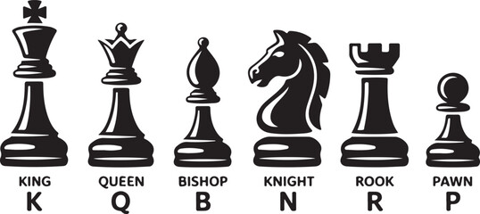 Chess piece icons with name. Board game. Black silhouettes isolated on white background. Vector illustration © Ranaart