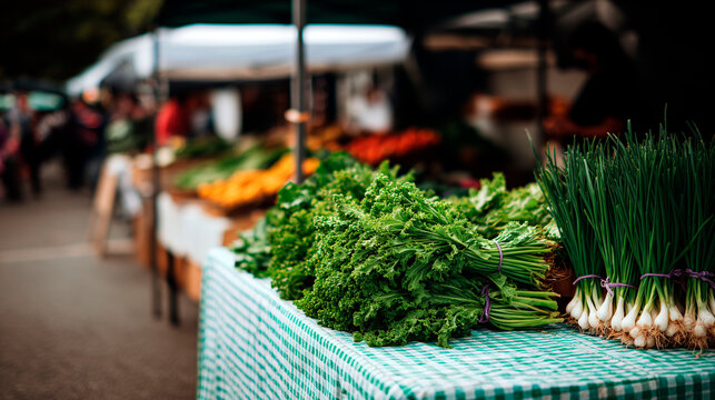 Fresh green vegetables including lettuce and spring onions on display at an outdoor farmers market - Powered by Adobe