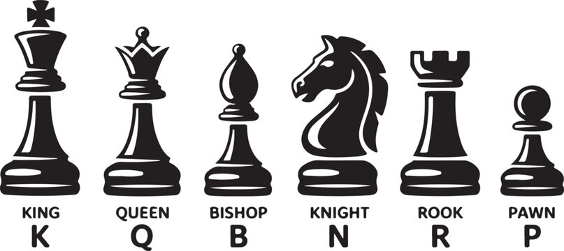 Chess piece icons with name. Board game. Black silhouettes isolated on white background. Vector illustration
