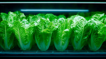 Fresh green romaine lettuce heads under bright lighting in a controlled environment or refrigerated display