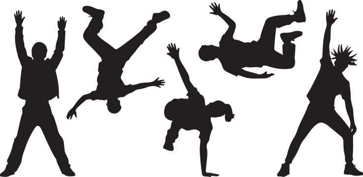 Children dancing street dance silhouette vector illustration. Hip hop, break dance, juzz funk, rap, freestyle