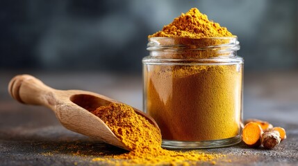 Yellow turmeric powder displayed in a glass jar with a wooden scoop, highlighting the vibrant color and texture, perfect for culinary and health applications