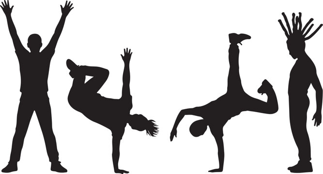 Children dancing street dance silhouette vector illustration. Hip hop, break dance, juzz funk, rap, freestyle