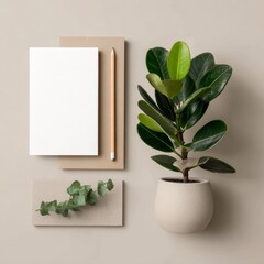 eco-inspired branding mockup with plant and pencil