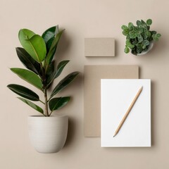 eco-inspired branding mockup with plant and pencil
