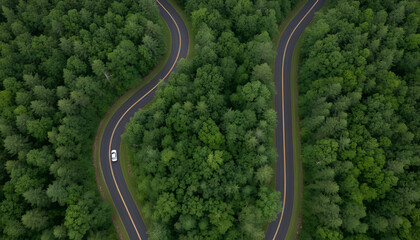 Breathtaking aerial view of winding forest roads and a lone car making its way through the lush greenery, perfect for travel, adventure, and nature themes