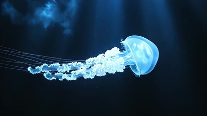 Ethereal blue jellyfish swimming gracefully through the dark ocean depths, illuminated by dramatic shafts of light, perfect for nature documentaries and abstract scientific visuals. - Powered by Adobe