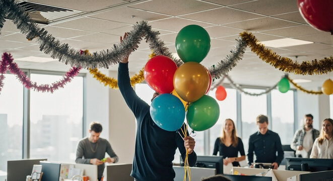 Celebrating new year office decoration with balloons and colleagues in spacious office, celebrating new year with streamers. New year office decoration embodies team spirit and festive mood.