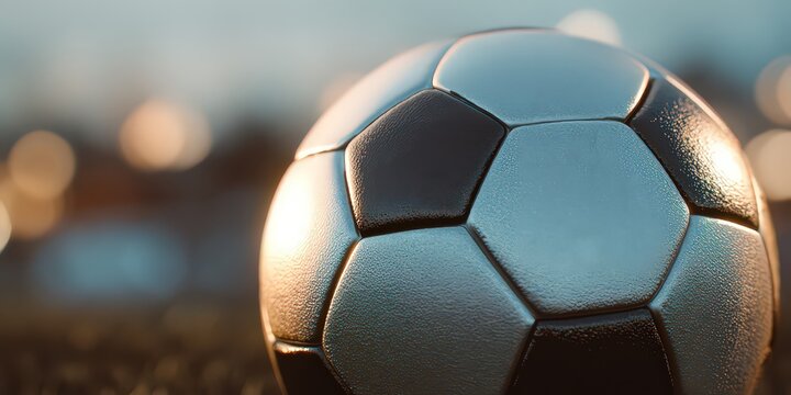 Close Up of Soccer Ball on Green Grass with Bokeh Lights at Dusk