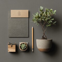 eco-inspired branding mockup with plant and pencil