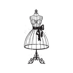 Watercolor painting of vintage wire dress form mannequin. Hand drawn fashion illustration of tailor dummy with ribbon. Black and white monochrome sketch art.
