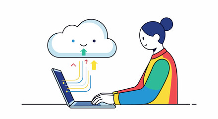 Woman Uploading Data to Cloud Storage with Laptop | Cloud Computing & Digital Information Transfer