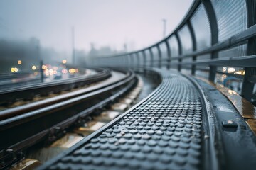 Fototapeta premium Curved Railway Tracks Under Foggy Sky in Urban Landscape Steel Rails and Mesh Sidewalk with Blurred City Lights on a Damp Day
