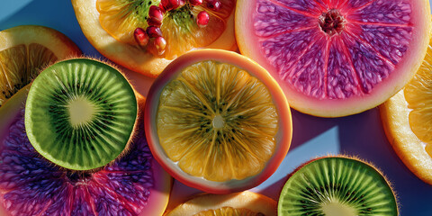 Colorful sliced fruits including kiwi and citrus on blue background