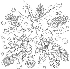 Festive Christmas floral arrangement with bow poinsettias and pine holiday decoration