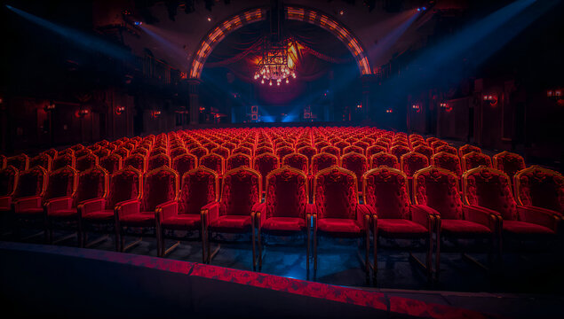 Elegant theater auditorium with rows of red velvet seats and stage lights - Powered by Adobe