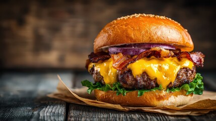 Delicious Gourmet Burger with Bacon Cheese and Red Onion on Rustic Wooden Table