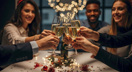 Toasting at new year office party, colleagues celebrating with champagne. New year office party cheers with diverse team, making toast and smiling.