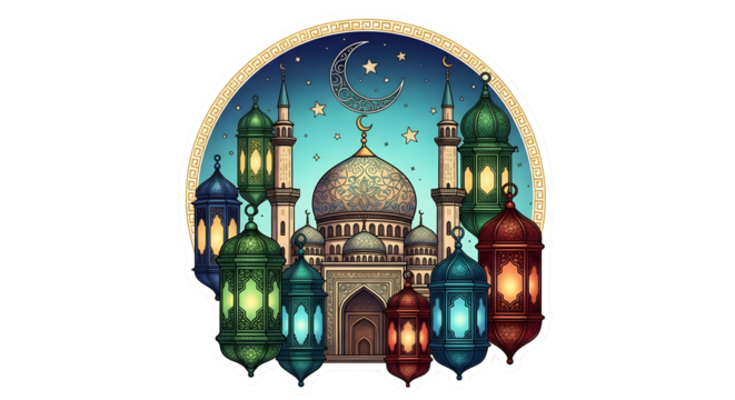 Intricate mosque, crescent moon, and vibrant lanterns at night
