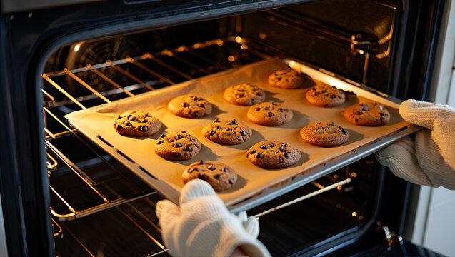 A baking sheet containing golden-brown pastries is removed from the oven, evoking the appetite and anticipation of freshly baked goods.