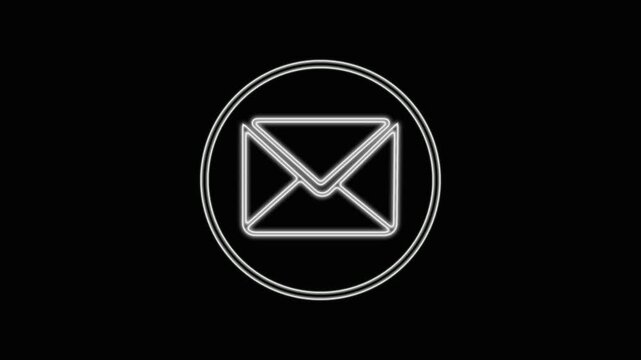 Animated White Neon Envelope Icon within a Circle on Black Background email message.White envelope icon within neon circle, email alert, message notification, and glowing mail interface effect.