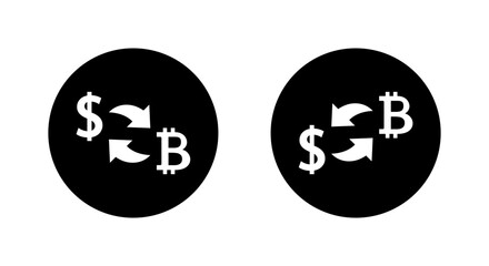 Crypto exchange icon in black circle. Dollar to Bitcoin conversion symbol