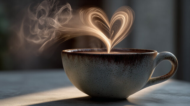 Coffee cup with heart-shaped steam on wooden table - Powered by Adobe