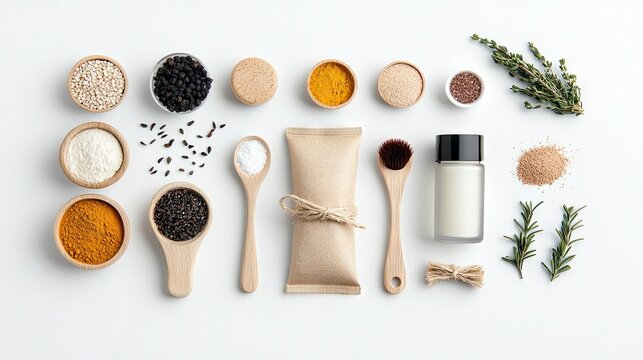 A collection of natural ingredients including spices, herbs, and powders are neatly arranged on a white surface.
