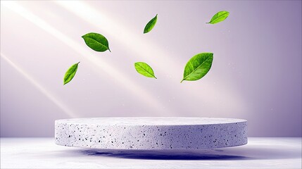 Several green leaves are floating in the air above a round concrete pedestal, with light rays streaming from the left.