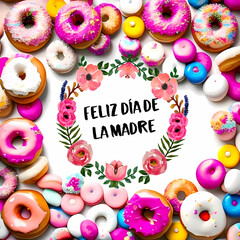 A vibrant overhead shot of colorful donuts and candies surrounding a floral wreath with "Happy Mother's Day" text.