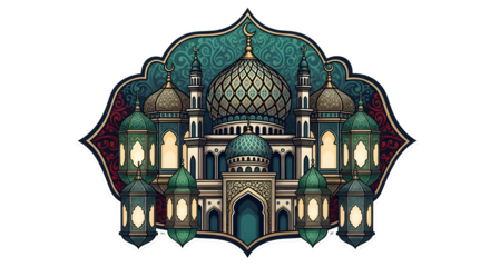Ornate islamic mosque illustration with lanterns and a crescent moon.