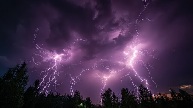 Dramatic Purple Lightning Strikes Over Dark Silhouetted Trees During Night Storm Intense Weather Display