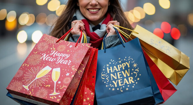 New Year shopping bags with cheerful woman on street, ready for holiday season. New Year shopping bags filled with gifts and treats, illuminated by festive lights. - Powered by Adobe