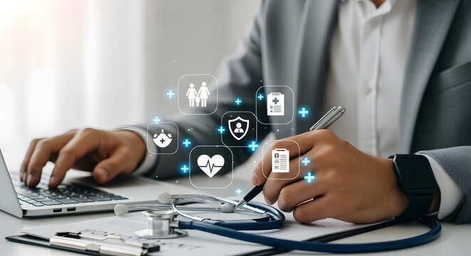 Healthcare professional using laptop and reviewing medical data with digital health icons, offering insurance solutions and telehealth services for family wellness