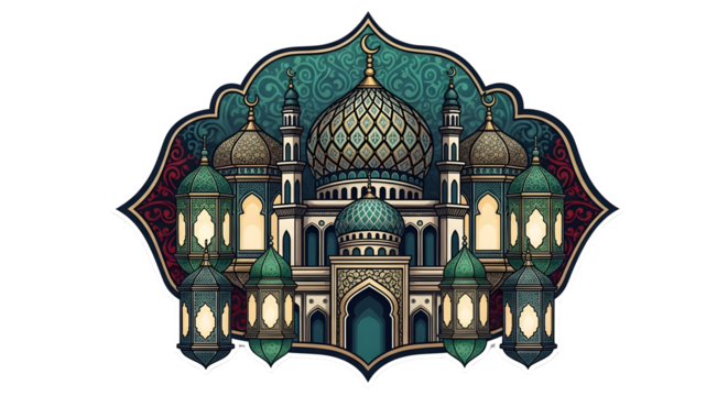 Ornate islamic mosque illustration with lanterns and a crescent moon.