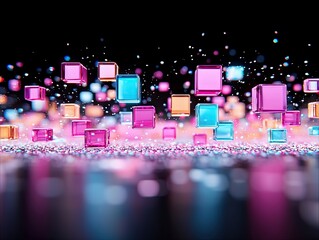 A collection of translucent, colorful cubes float and sparkle against a dark, blurred background with a glittery surface.
