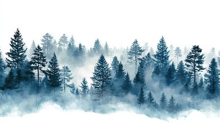 Foggy Evergreen Forest Watercolor Illustration in Shades of Blue and White Isolated on White Background Tranquil Nature Scenery Panoramic Style