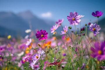 Field of Cosmos Flowers in Bloom with Mountain Backdrop Under Bright Sunlight