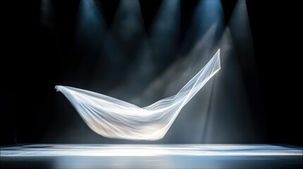 A piece of white fabric gracefully floats and dances in the air, caught in dramatic spotlights on a dark stage.